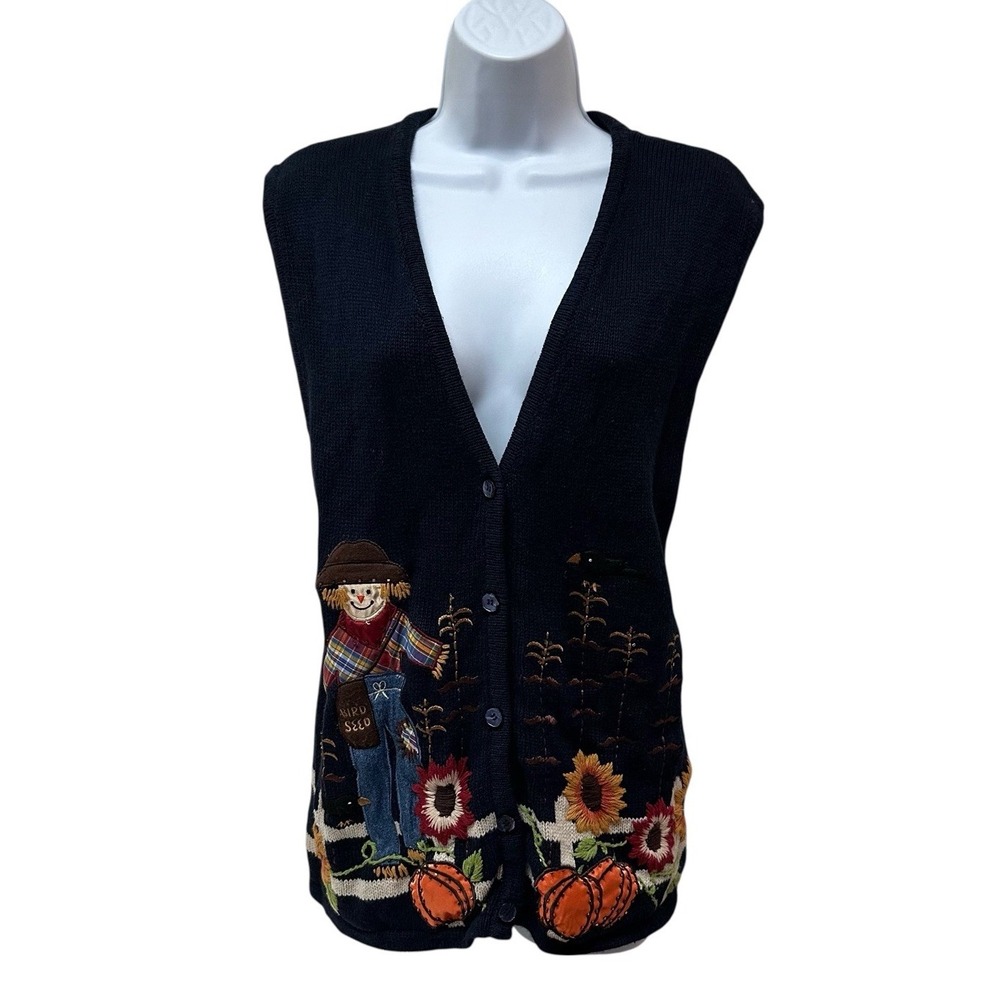 Vtg Fall Themed Knit Sweater Vest Scarecrow Pumpkin Sunflower Halloween XL